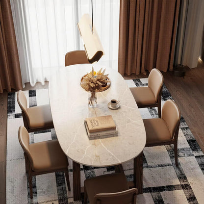 56"-96"Oval White Marble Dining Table, Modern Kitchen Table with Solid Wood Pedestal Base