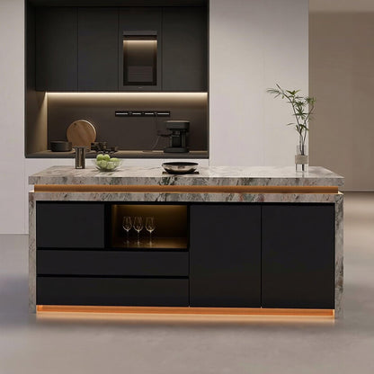 56"-96"Marble Kitchen Island with LED Lighting & Storage Drawers, Modern Kitchen Counter
