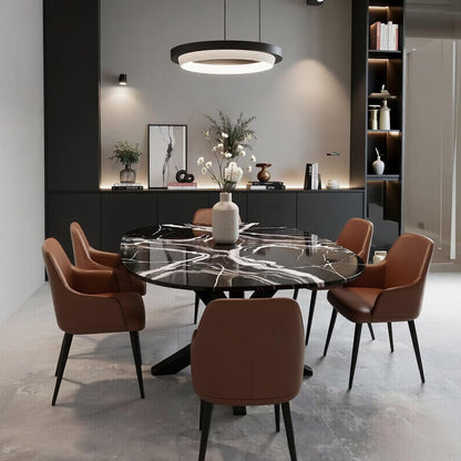 56"-96"Modern Oval Black Marble Dining Table, Contemporary Table with Sturdy Metal Base