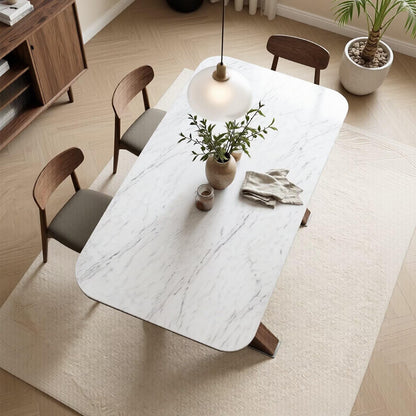 56"-96"Modern White Stone Top Dining Table, Contemporary Table with Sturdy Wooden X-Legs