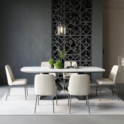 56"-96"White Marble Oval Dining Table, Modern Table with Geometric Metal Base for Kitchen