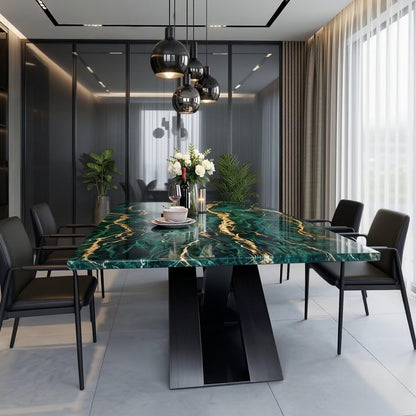 56"-96"Luxury Green Marble Dining Table, Contemporary Rectangular Table with X-Shaped Metal Legs