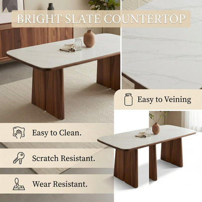 56"-96"Modern White Stone Top Dining Table, Rectangular Table with Walnut Wood Base