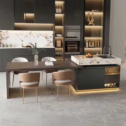 56"-96"Contemporary Kitchen Island with Sink, Wine Rack & Integrated Dining Table