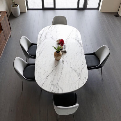 56"-96"Modern Oval White Marble Dining Table, Contemporary Table with Sleek Metal Legs