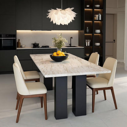 56"-96"Modern Light Marble Dining Table, Contemporary Table with Sleek Black Pedestal Base