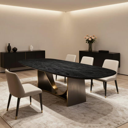 56"-96"Luxury Black Marble Oval Dining Table, Contemporary Table with Gold Metal Legs