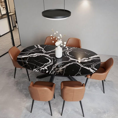 56"-96"Modern Oval Black Marble Dining Table, Contemporary Table with Sturdy Metal Base
