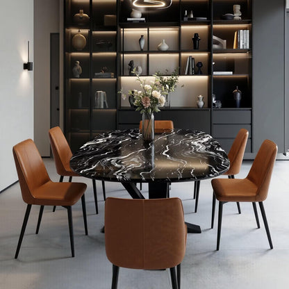 56"-96"Oval Shaped Black Marble Dining Table, Durable Metal Base