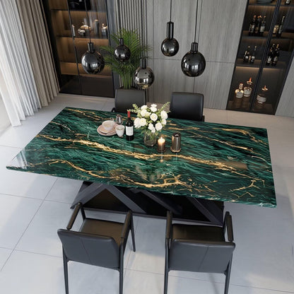 56"-96"Luxury Green Marble Dining Table, Contemporary Rectangular Table with X-Shaped Metal Legs