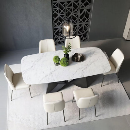 56"-96"White Marble Oval Dining Table, Modern Table with Geometric Metal Base for Kitchen