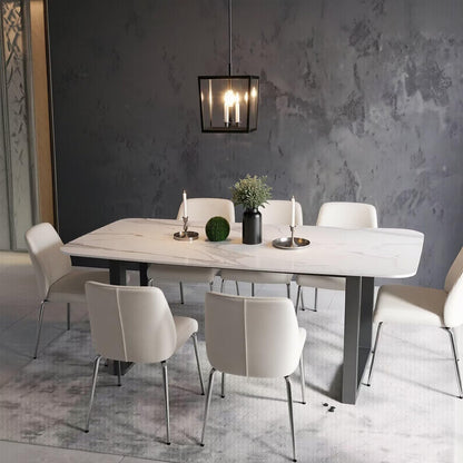 56"-96"Modern White Marble Dining Table, Sleek Rectangular Table with Sturdy Metal Legs