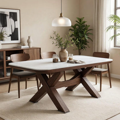 56"-96"Modern White Stone Top Dining Table, Contemporary Table with Sturdy Wooden X-Legs