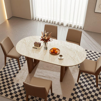 56"-96"Oval Marble Dining Table, Modern Kitchen Table with Solid Walnut Wood Base