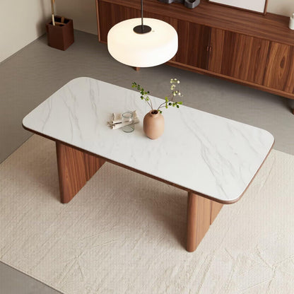 56"-96"Modern White Stone Top Dining Table, Rectangular Table with Walnut Wood Base