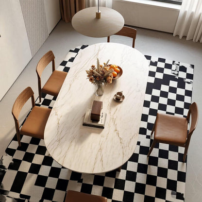 56“-96”Modern Oval Marble Dining Table, Contemporary Table with Sturdy Wood Legs