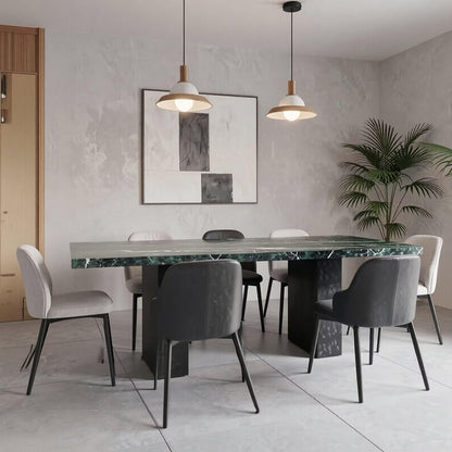 56"-96"Luxury Green Marble Dining Table, Contemporary Rectangular Table with Sturdy Block Base