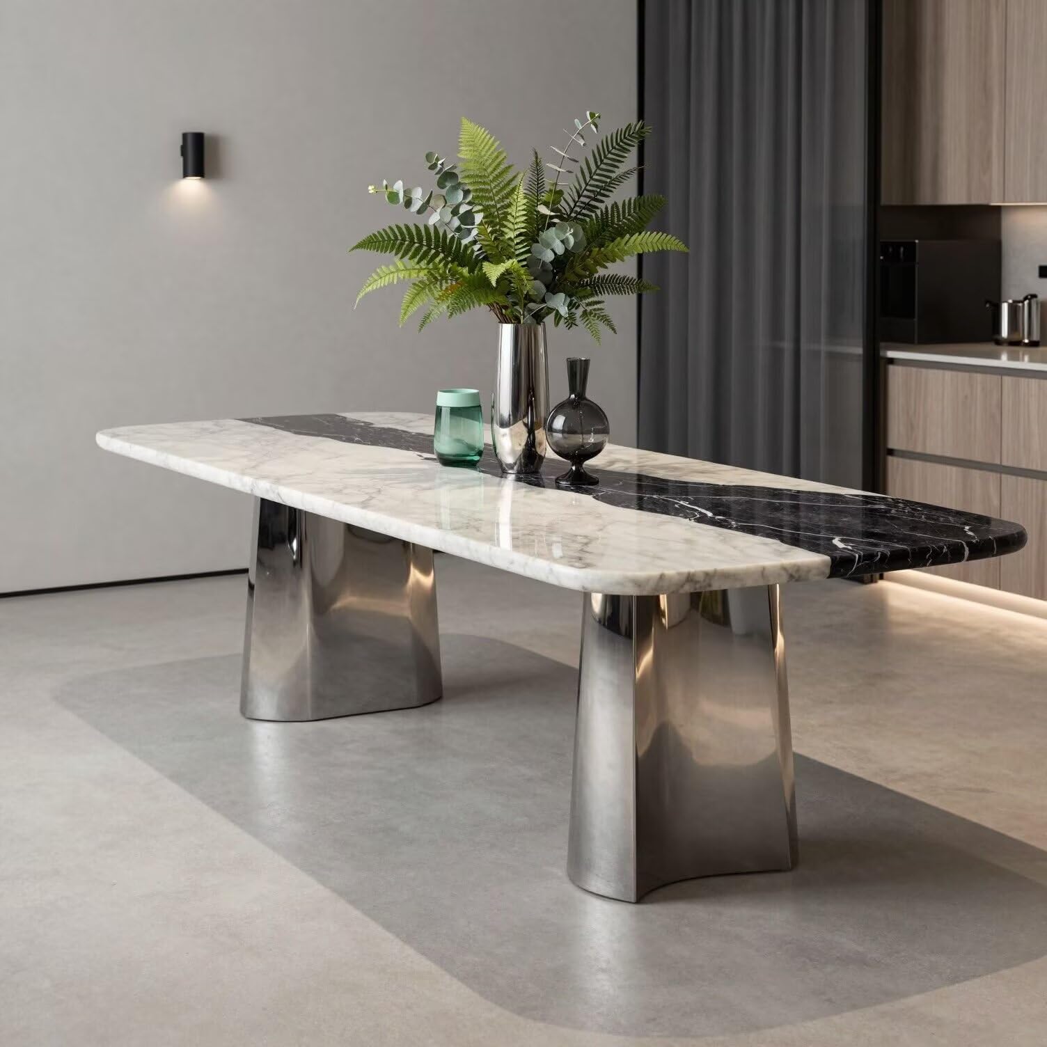 56"-96"Contemporary Black & White Marble Dining Table with Silver Base