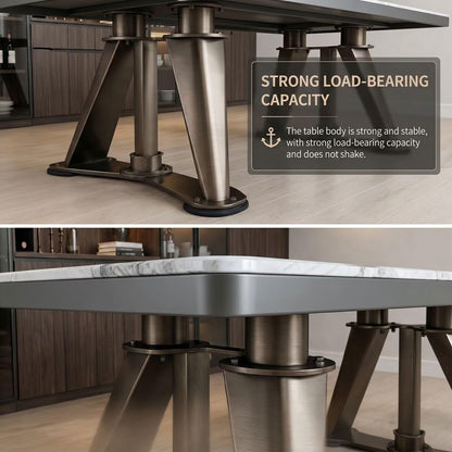 56“-96”White Marble Dining Table with Antique Bronze Industrial Base