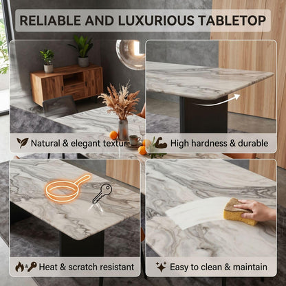 56"-96"Modern Marble Dining Table, Rectangular Natural Stone Top with Black Base for 6-8
