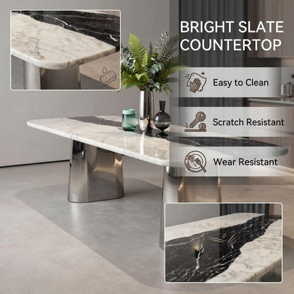 56"-96"Contemporary Black & White Marble Dining Table with Silver Base