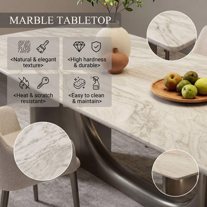 56"-96"Elegant Statement Dining Table, White Marble Top with Curved Brushed Metal Base