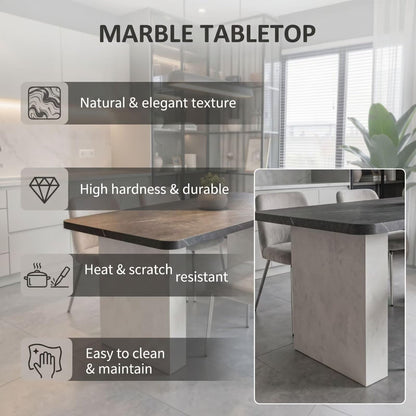 56"-96"Elegant Urban Dining Table, Dark Marble-Like Top with Modern Concrete Pedestal Legs