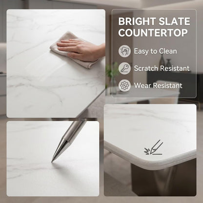56"-96"Modern Dining Table, White Marble Top with Brushed Stainless Steel Sculptural Legs