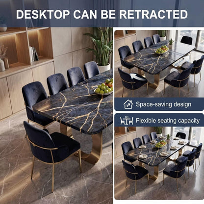56"-96"Modern Luxury Dining Table, Black Marble Top with Gold Veins & Brass Base for 8