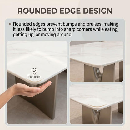 56"-96"Modern Dining Table, White Marble Top with Brushed Stainless Steel Sculptural Legs