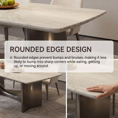 56"-96"Elegant Statement Dining Table, White Marble Top with Curved Brushed Metal Base