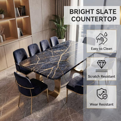 56"-96"Modern Luxury Dining Table, Black Marble Top with Gold Veins & Brass Base for 8