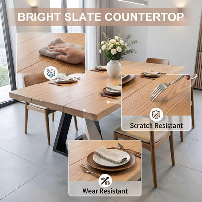 56"-96"Modern Solid Wood Dining Table with Black Metal Base for 6-8 People