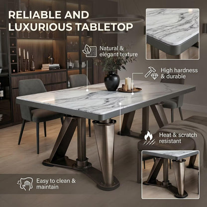 56“-96”White Marble Dining Table with Antique Bronze Industrial Base