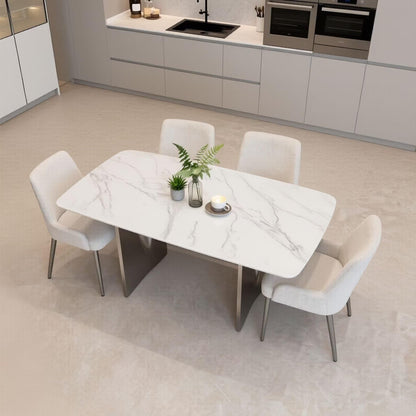 56"-96"Modern Dining Table, White Marble Top with Brushed Stainless Steel Sculptural Legs