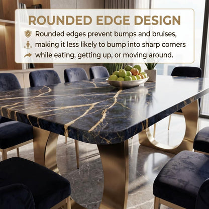 56"-96"Modern Luxury Dining Table, Black Marble Top with Gold Veins & Brass Base for 8
