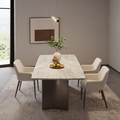 56"-96"Elegant Statement Dining Table, White Marble Top with Curved Brushed Metal Base