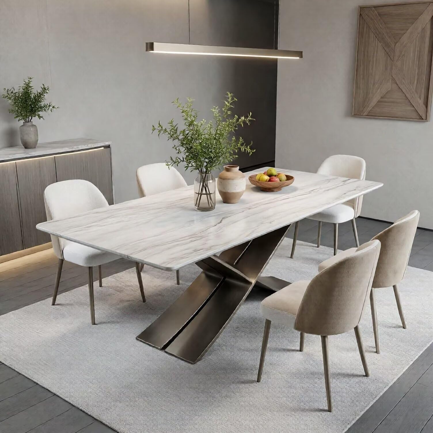 56"-88"White Marble Dining Table with Gunmetal X-Shaped Metal Base for 6 People