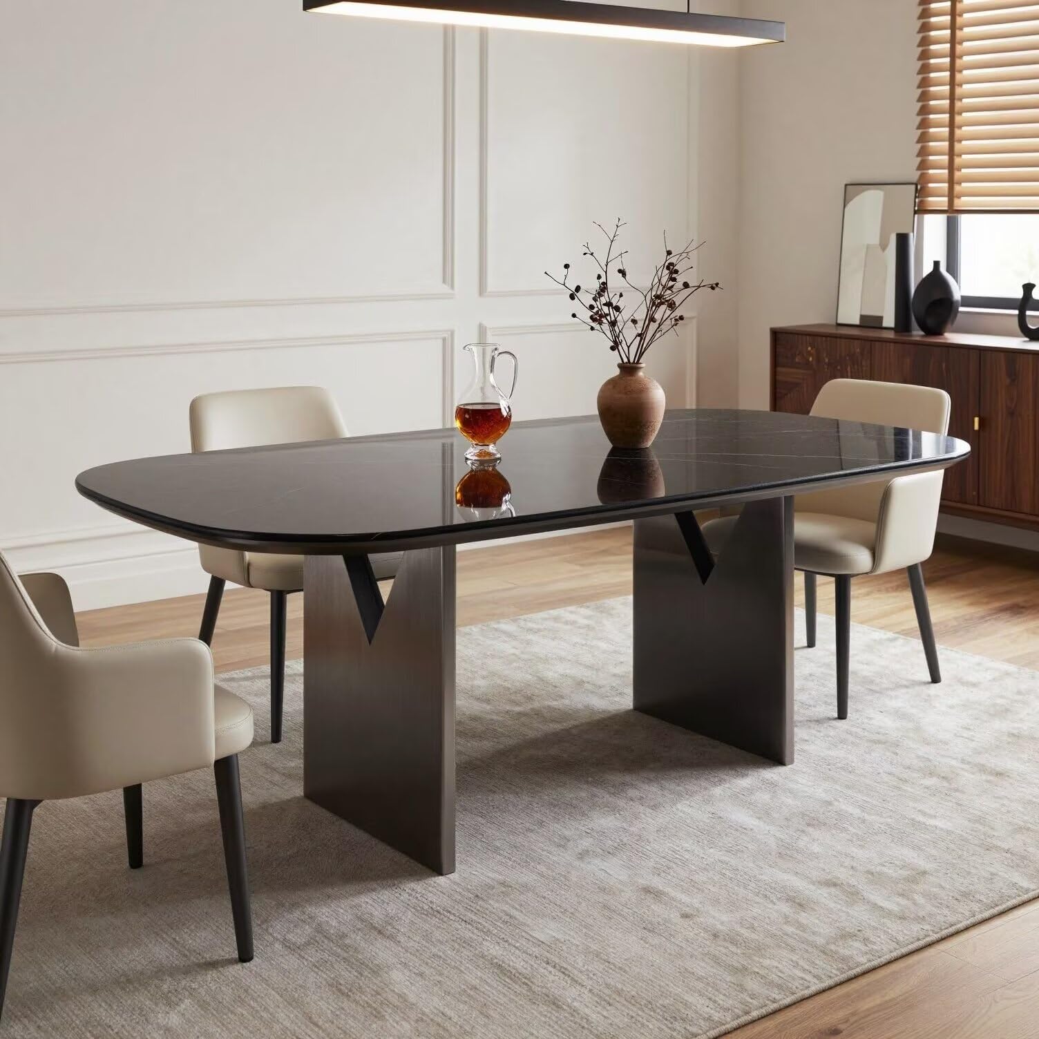 56"-88"Black Marble Oval Dining Table with Dark Wood Base for 4-6 People