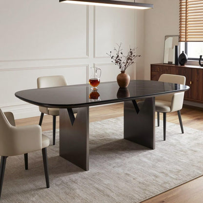 56"-88"Black Marble Oval Dining Table with Dark Wood Base for 4-6 People