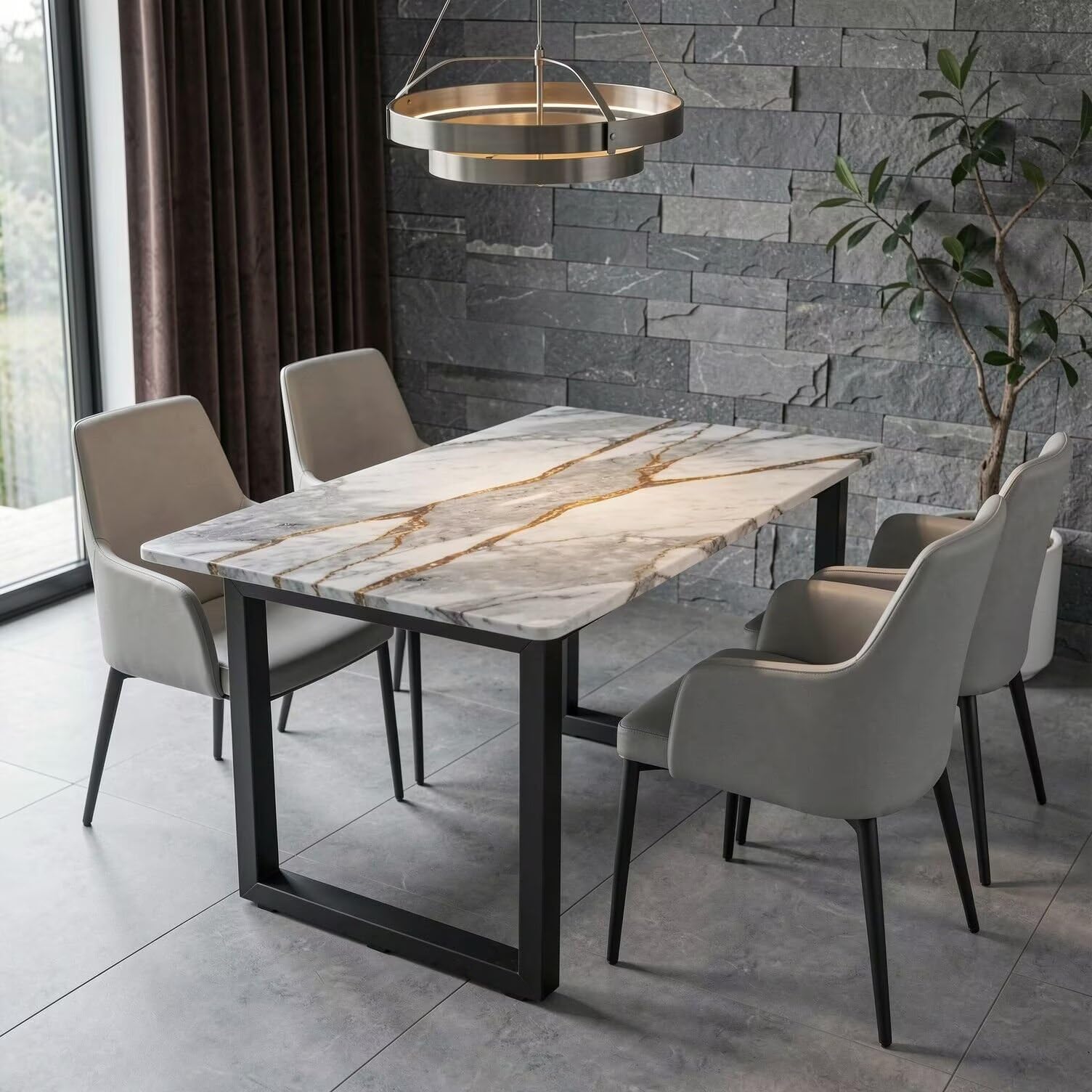 56"-88"Modern Rectangular Dining Table, Marble Top with Black U-Base