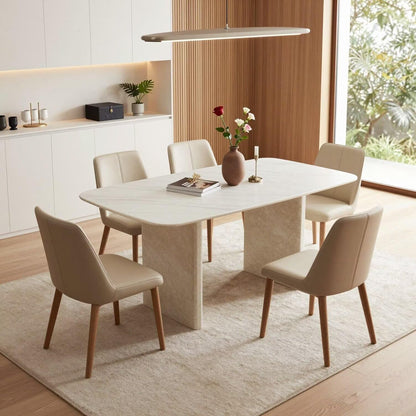 56"-88"White Marble Dining Table with Beige Stone Base for 4-6 People