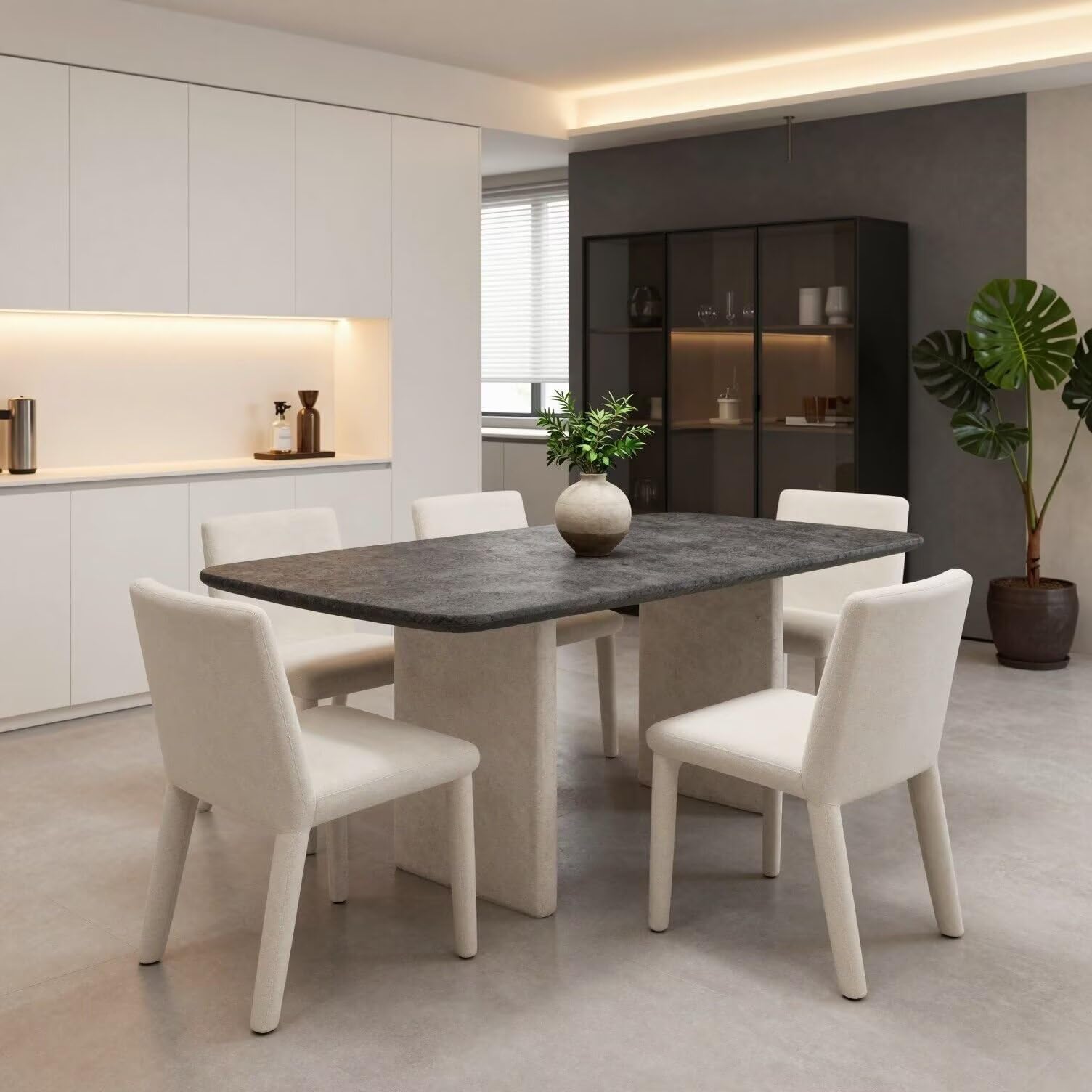 56"-88"Modern Rectangular Dining Table, Dark Stone Top with Concrete Pedestal Legs