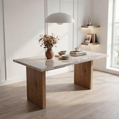 56"-88"Light Gray Marble Dining Table with Natural Wood Base for 4-6 People