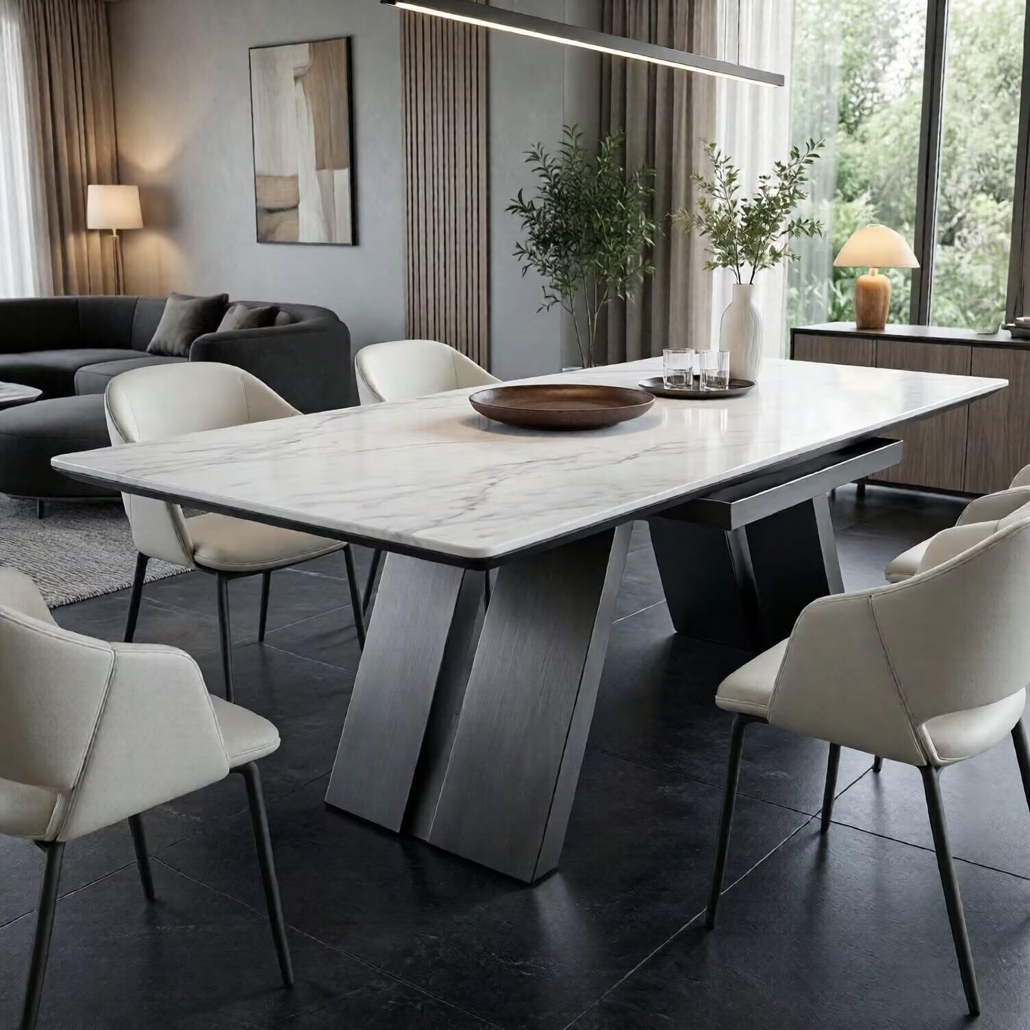 56"-88"Contemporary White Marble Dining Table with Matte Black Metal Base