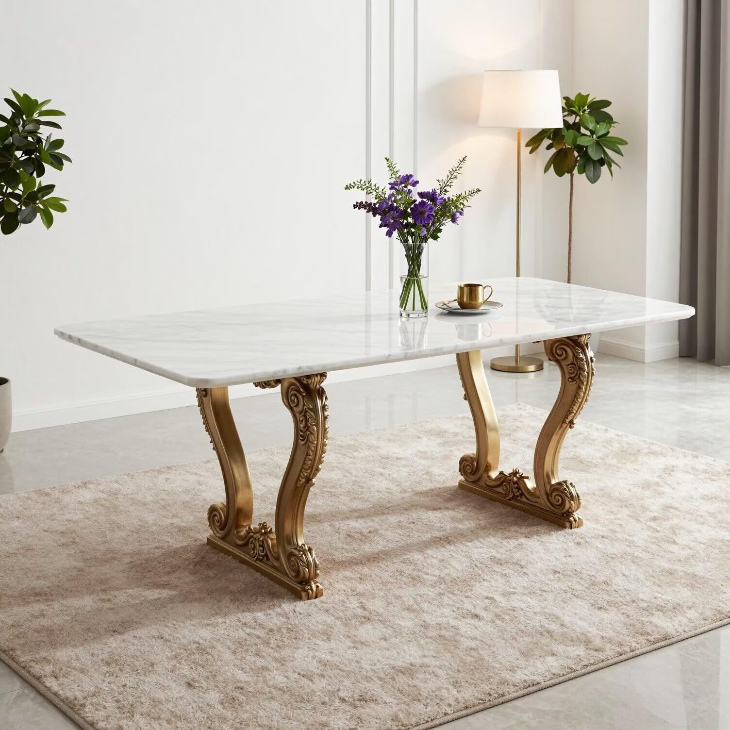 56"-88"Luxury Marble Dining Table with Carved Gold Metal Legs for 6 People