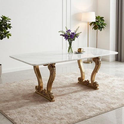 56"-88"Luxury Marble Dining Table with Carved Gold Metal Legs for 6 People