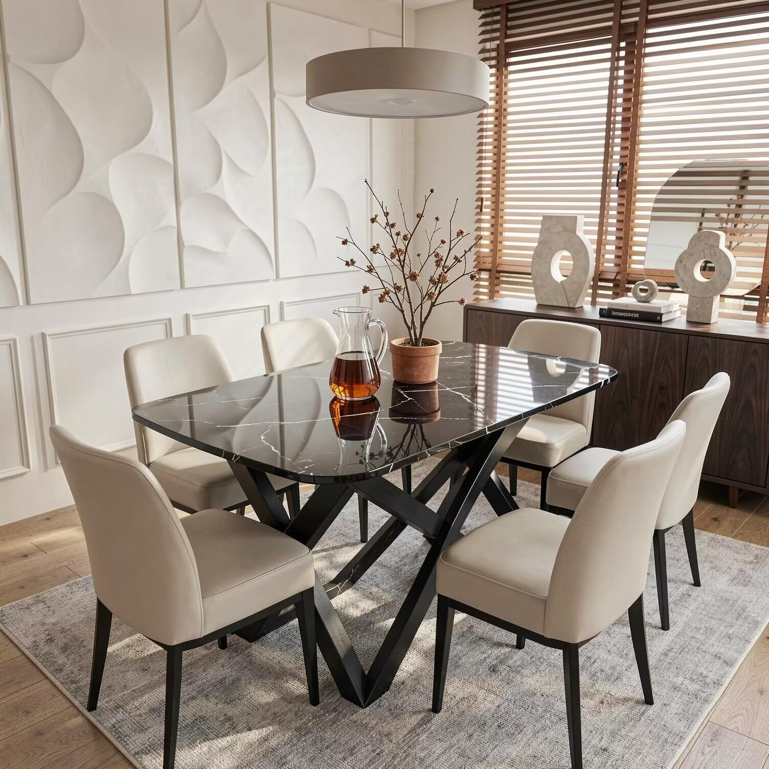 56"-88"Black Marble Dining Table with White Vein & Black X-Shaped Legs for 6
