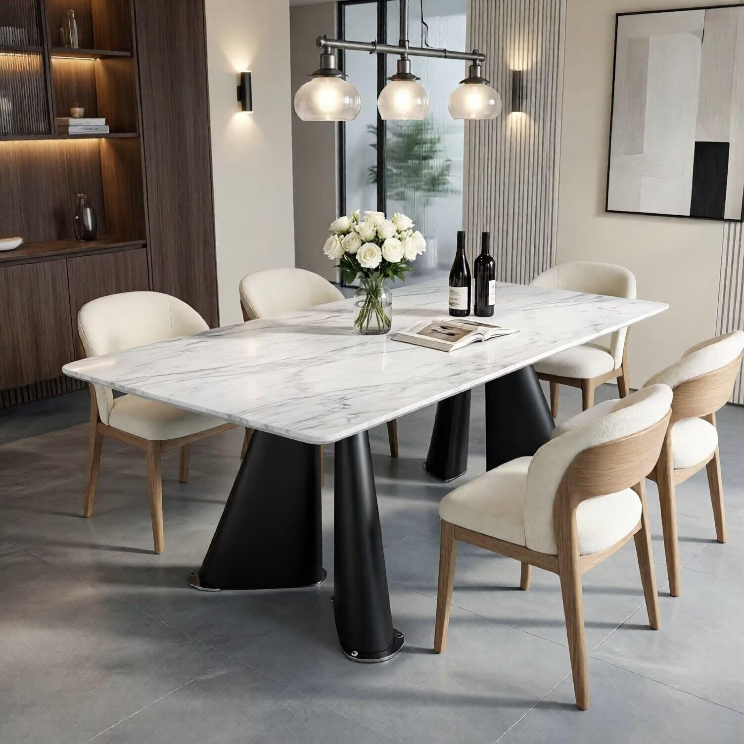 56"-88"White Marble Dining Table with Black Tapered Legs for 6 People