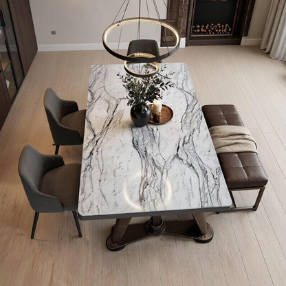 56“-96”White Marble Dining Table with Antique Bronze Industrial Base
